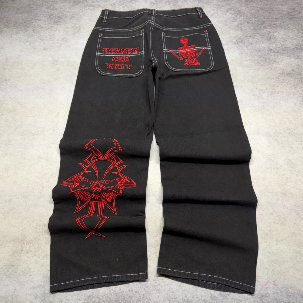 Y2K Grunge Heaven Can Wait Baggy Wide Leg Streetwear Mens Size 32 Black Skull